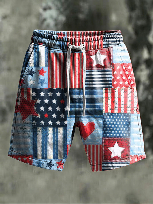 Star-Spangled Patchwork Print Casual Shorts