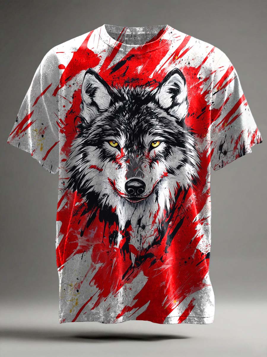 Splash Ink Wolf Head Print Casual Short Sleeve T-shirt
