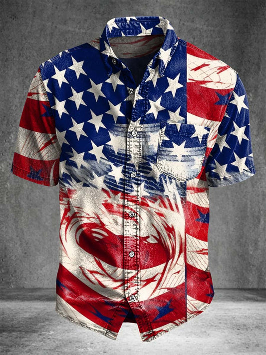 Swirl Flag Print Casual Short-Sleeve Shirt