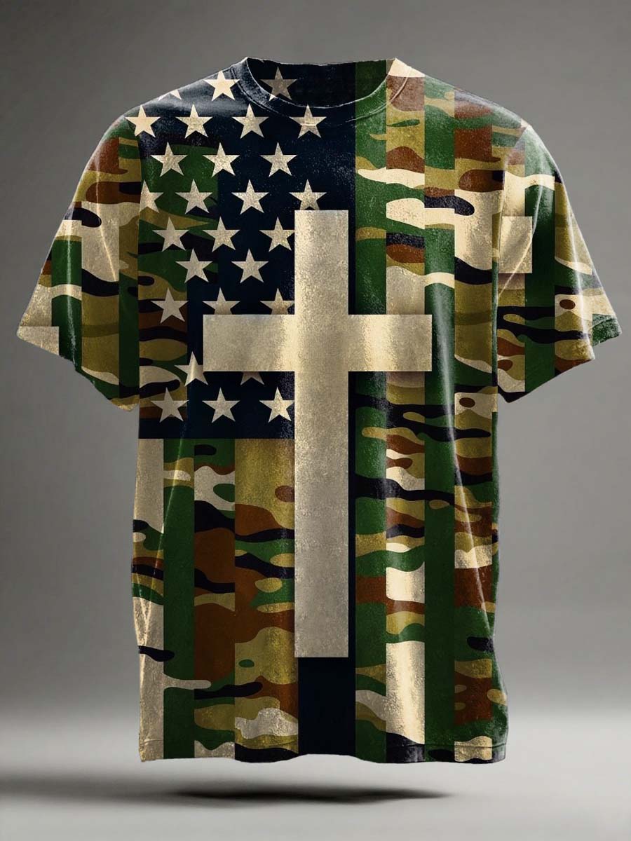 Camouflage Flag Cross Print Casual Short Sleeve T-shirt