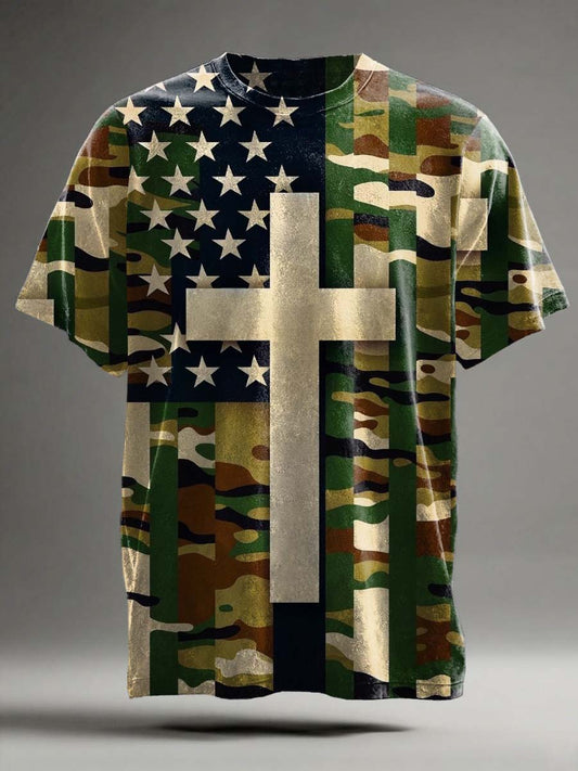 Camouflage Flag Cross Print Casual Short Sleeve T-shirt