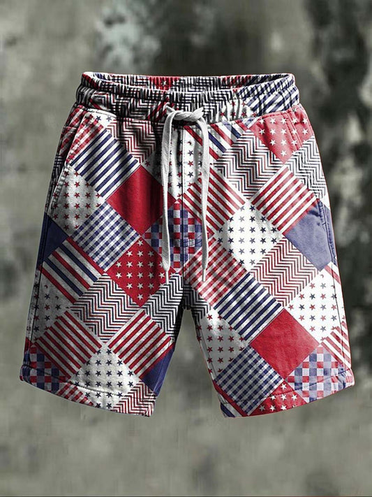 Star-Spangled Patchwork Print Casual Shorts