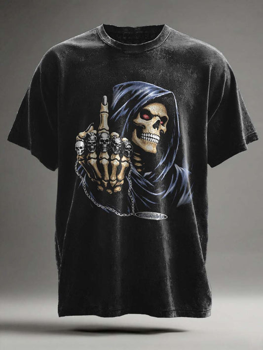 Middle Finger Skull Print Casual Short Sleeve T-shirt