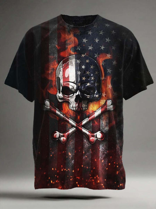 Flame Skull Flag Print Casual Short Sleeve T-shirt