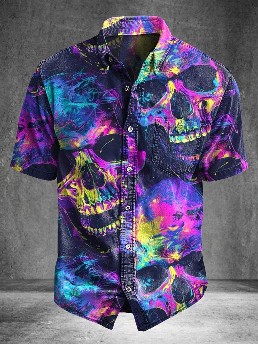 Colorful Skull Print Casual Short Sleeve Shirt