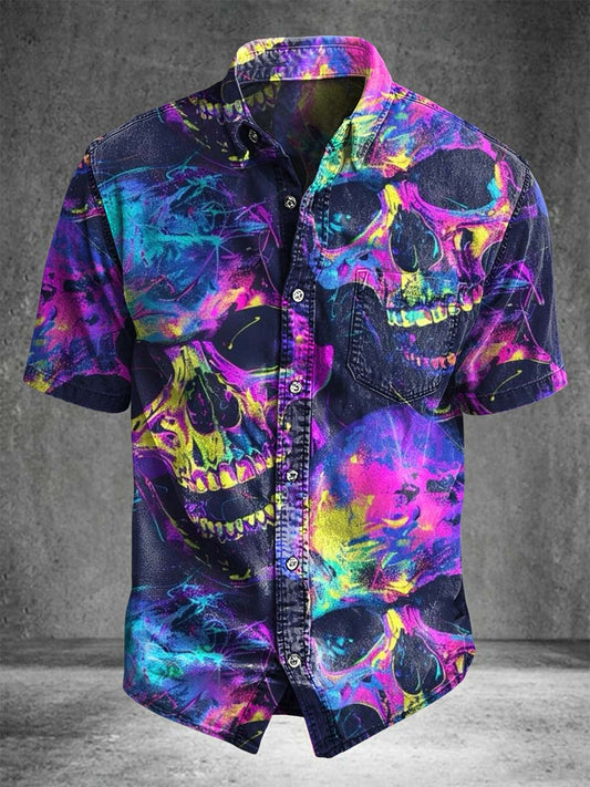 Colorful Skull Print Casual Short Sleeve Shirt