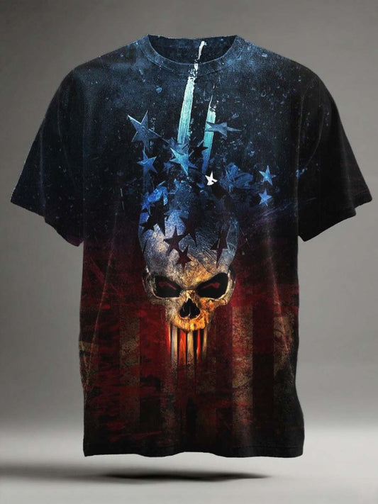 Predator Skull Flag Print Slim Short Sleeve T-shirt
