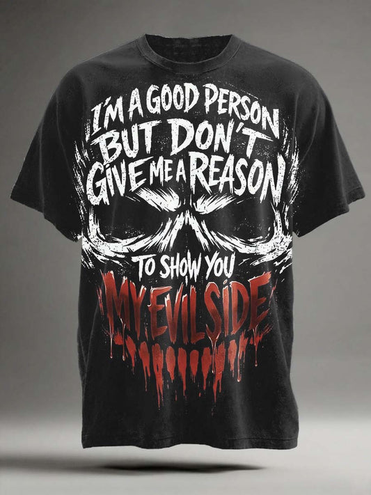 Good and Evil Two-Sided Skull Print Casual Short-Sleeve T-Shirt