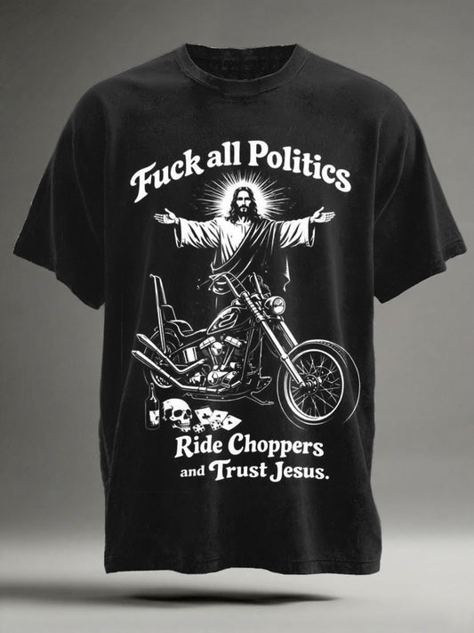 Anti-political motorcycle Jesus print casual short-sleeved T-shirt
