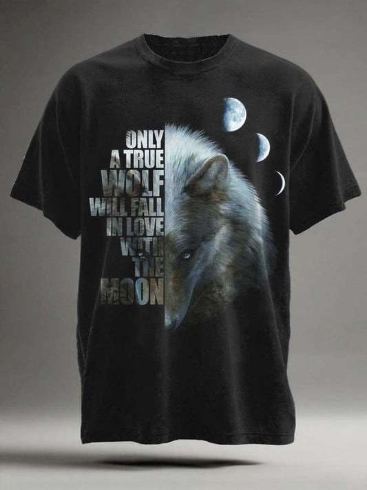 Love Moon Wolf Print Casual Short-Sleeve T-Shirt