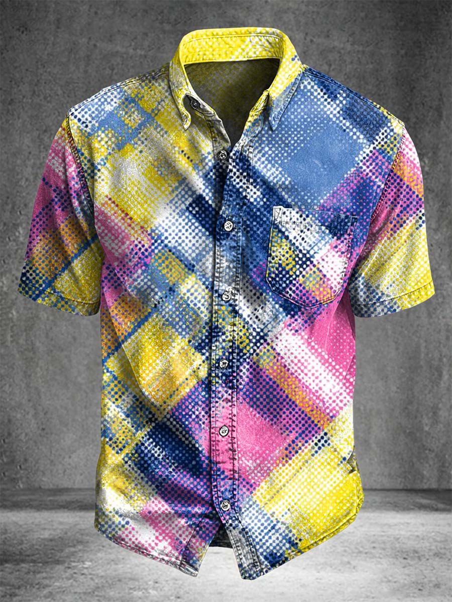Rainbow Plaid Print Casual Short-sleeved Shirt