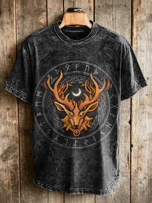 Rune-Patterned Deer Print Casual Short-Sleeve T-Shirt