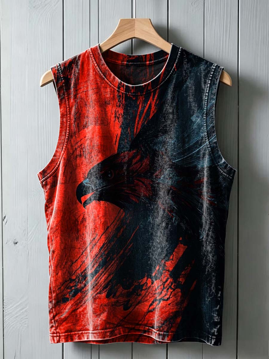 Ink-Splash Style Black Eagle Printed Casual Tank Top