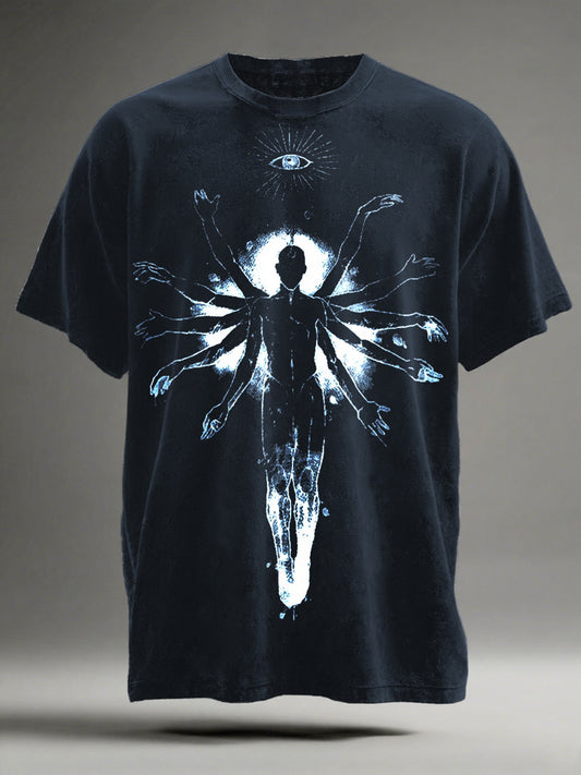 "Thousand-Armed Figure" Print Casual Short-Sleeve T-Shirt