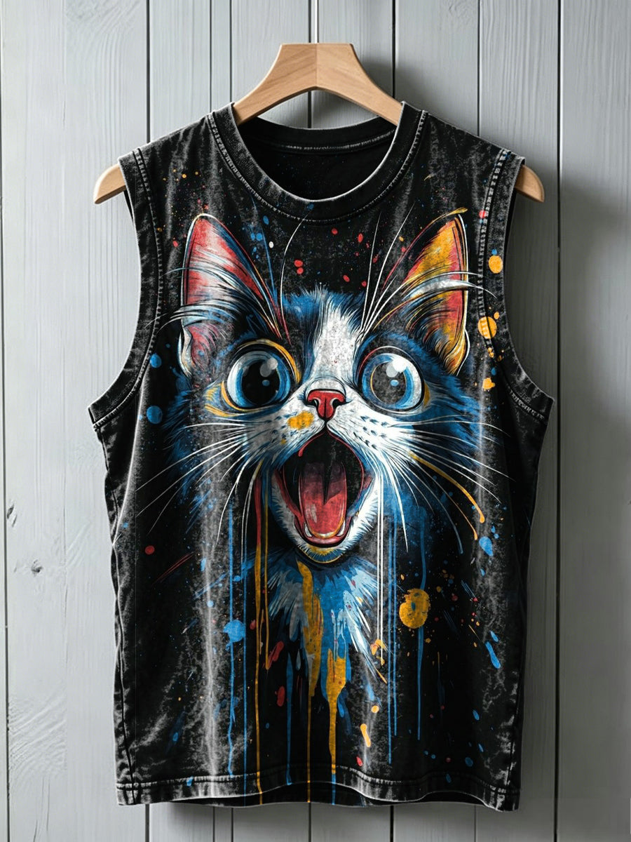 Cute Splatter-Paint Cat Print Casual Tank Top