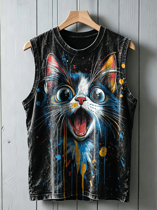 Cute Splatter-Paint Cat Print Casual Tank Top
