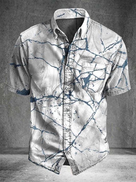 Marble-Crack Print Casual Short-Sleeve Shirt