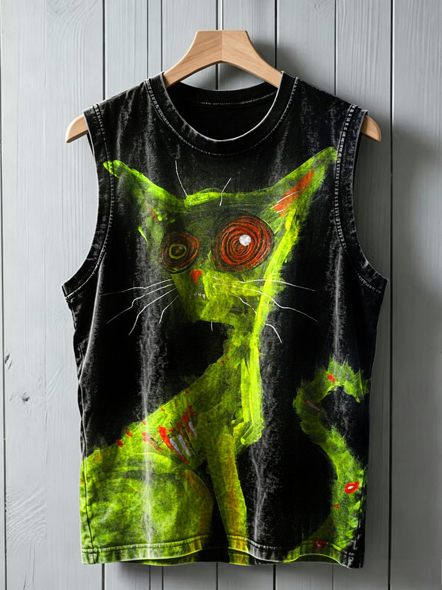 Graffiti Green Cat Print Casual Tank Top