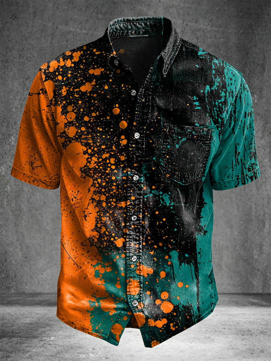 Abstract Color-Block Splatter Print Casual Short-Sleeve Shirt