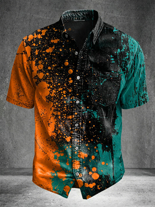 Abstract Color-Block Splatter Print Casual Short-Sleeve Shirt