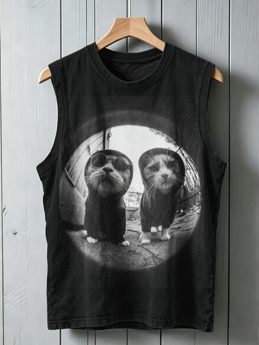 Playful Cat Print Casual Tank Top