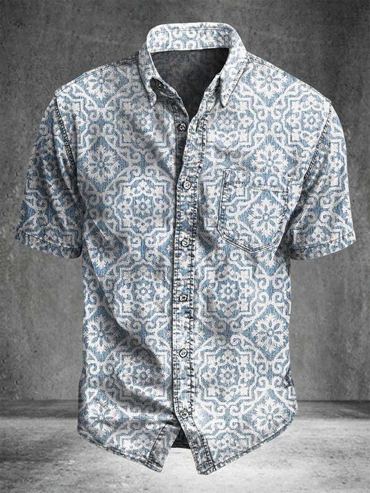 Ethnic-Patterned Printed Casual Short-Sleeve Shirt