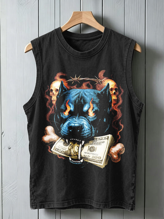 American Street Style "Vicious Dog" & Dollar Print Casual Tank Top