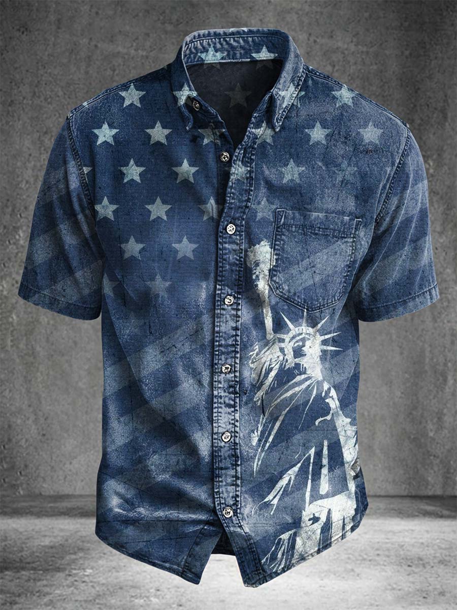 Statue of Liberty & Stars and Stripes Print Casual Short-Sleeve Shirt