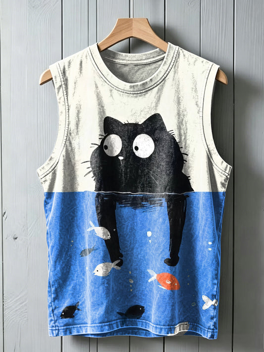 "Fishing Cat" Printed Casual Tank Top