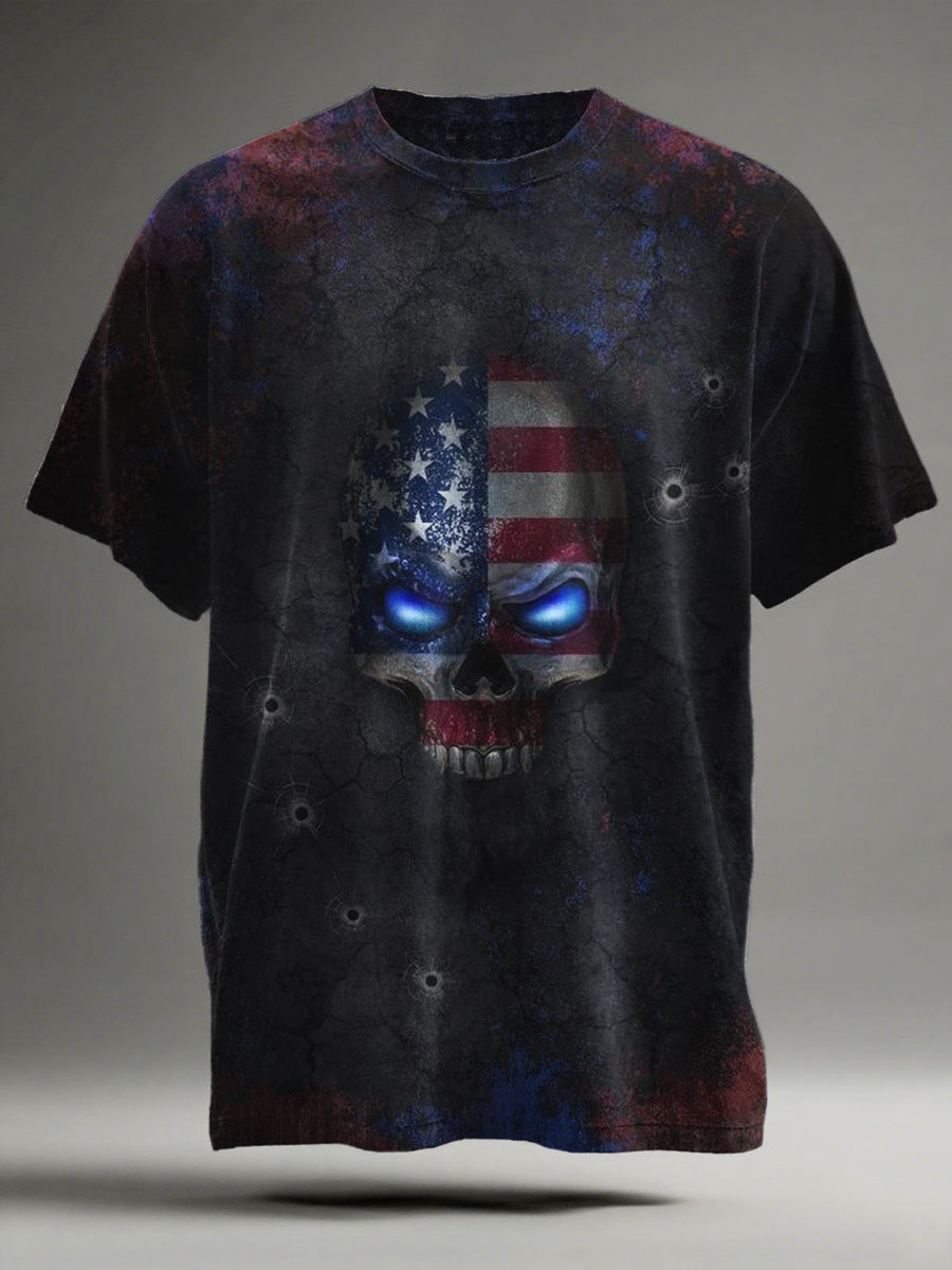 Stars and Stripes Skull Print Casual Short-Sleeve T-Shirt
