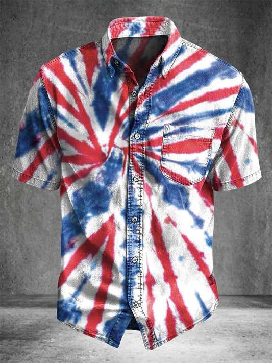 Flag Tie-Dye Print Casual Short-Sleeve Shirt