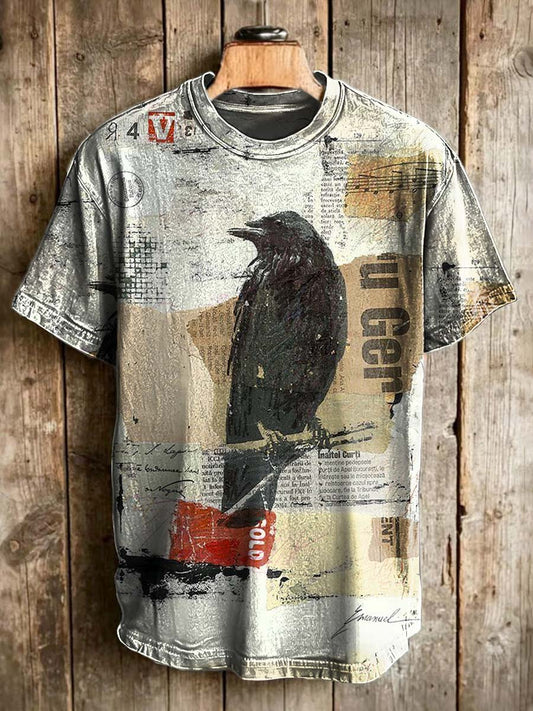 Collage Crow Print Casual Short-Sleeve T-Shirt