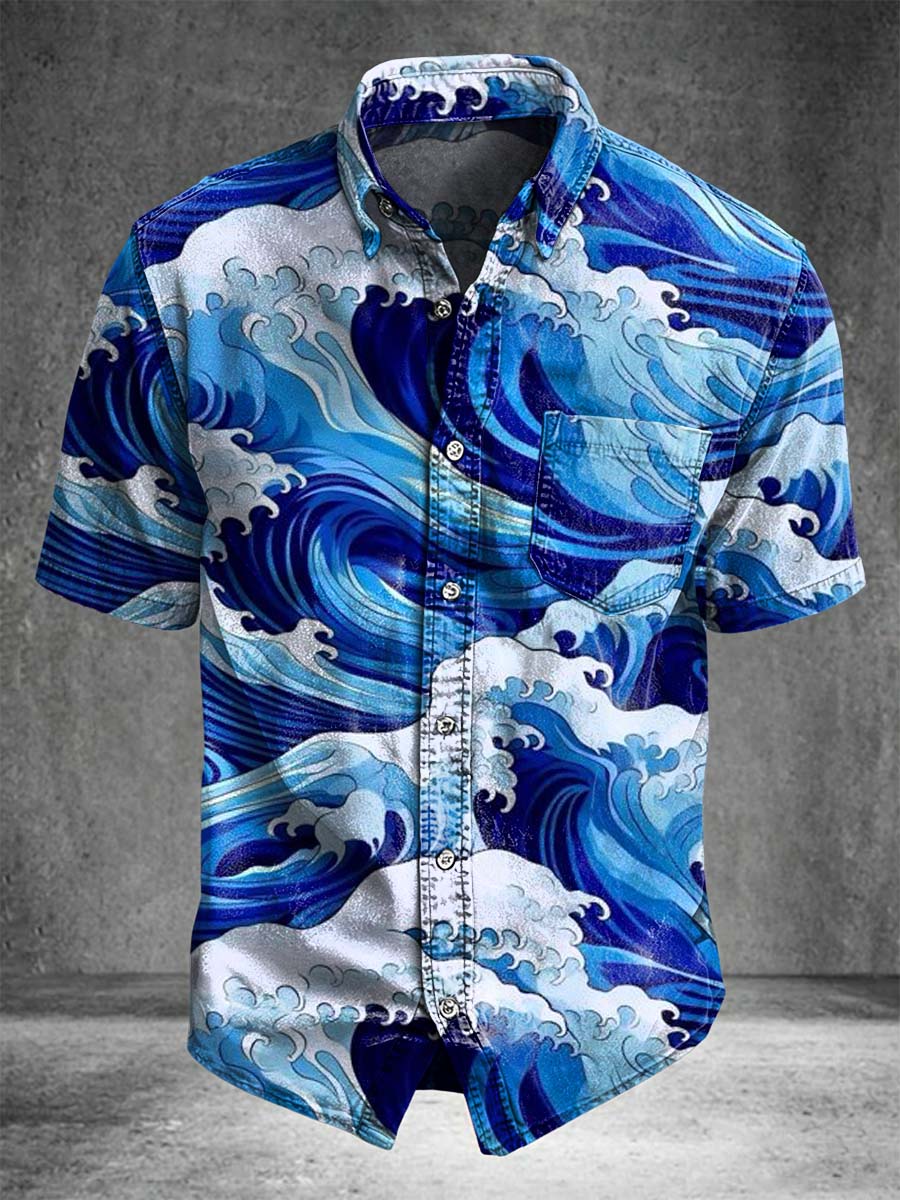 Japanese Ukiyo-e Wave Print Casual Short-Sleeve Shirt