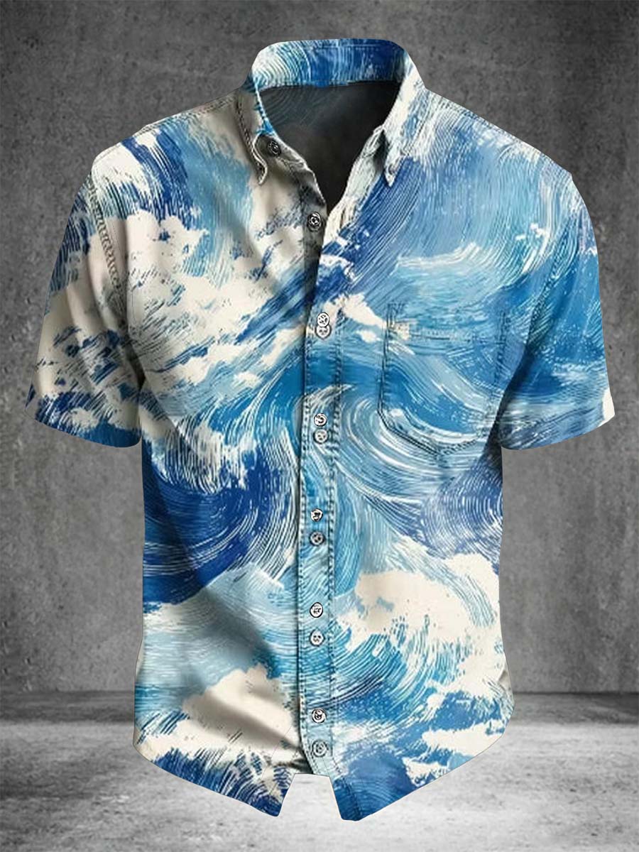 Abstract Wave Print Casual Short-Sleeve Shirt