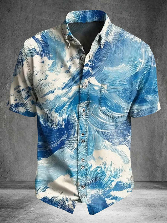 Abstract Wave Print Casual Short-Sleeve Shirt