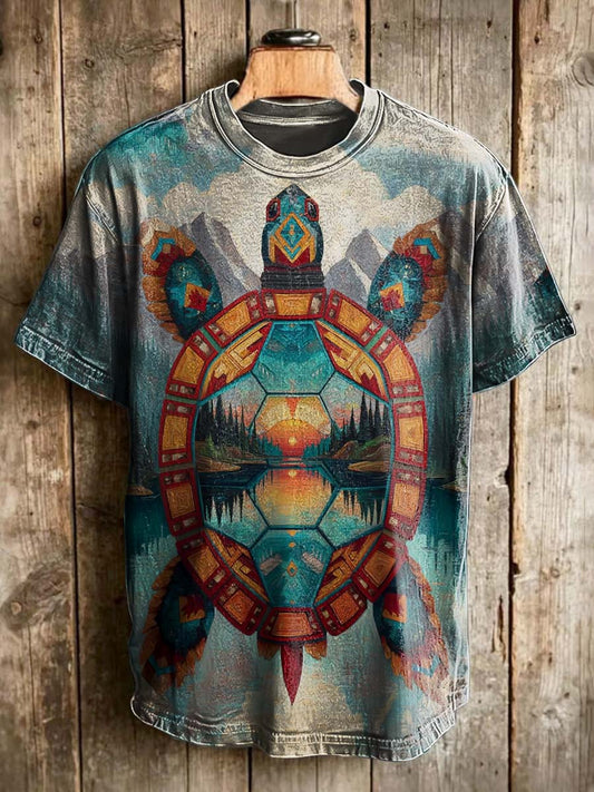 Tribal Sea Turtle Print Casual Short-Sleeve T-Shirt