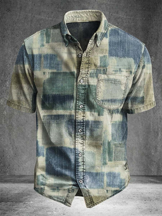 Vintage Distressed Print Casual Short-Sleeve Shirt
