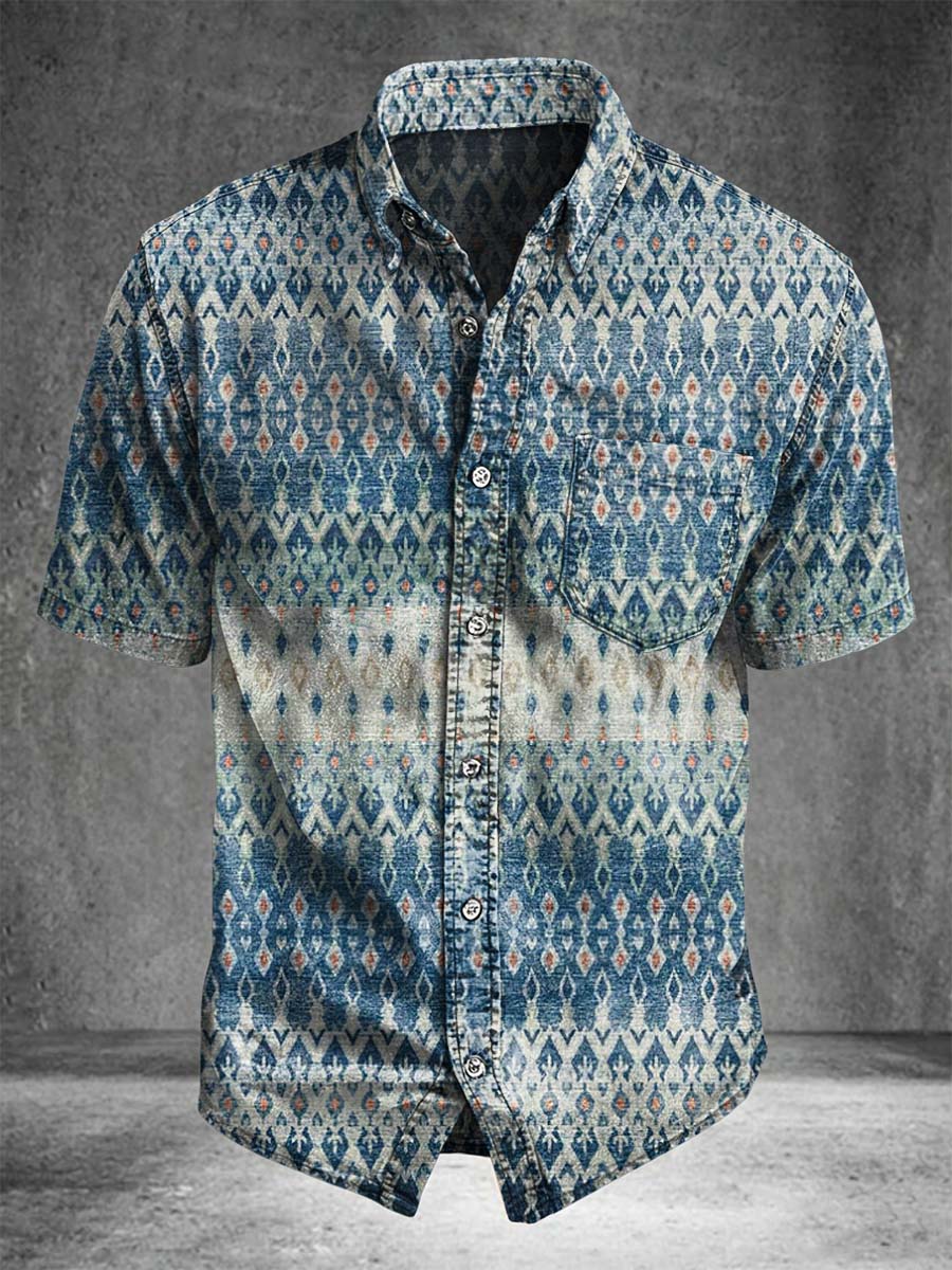 Retro Diamond Geometric Print Casual Short-Sleeve Shirt