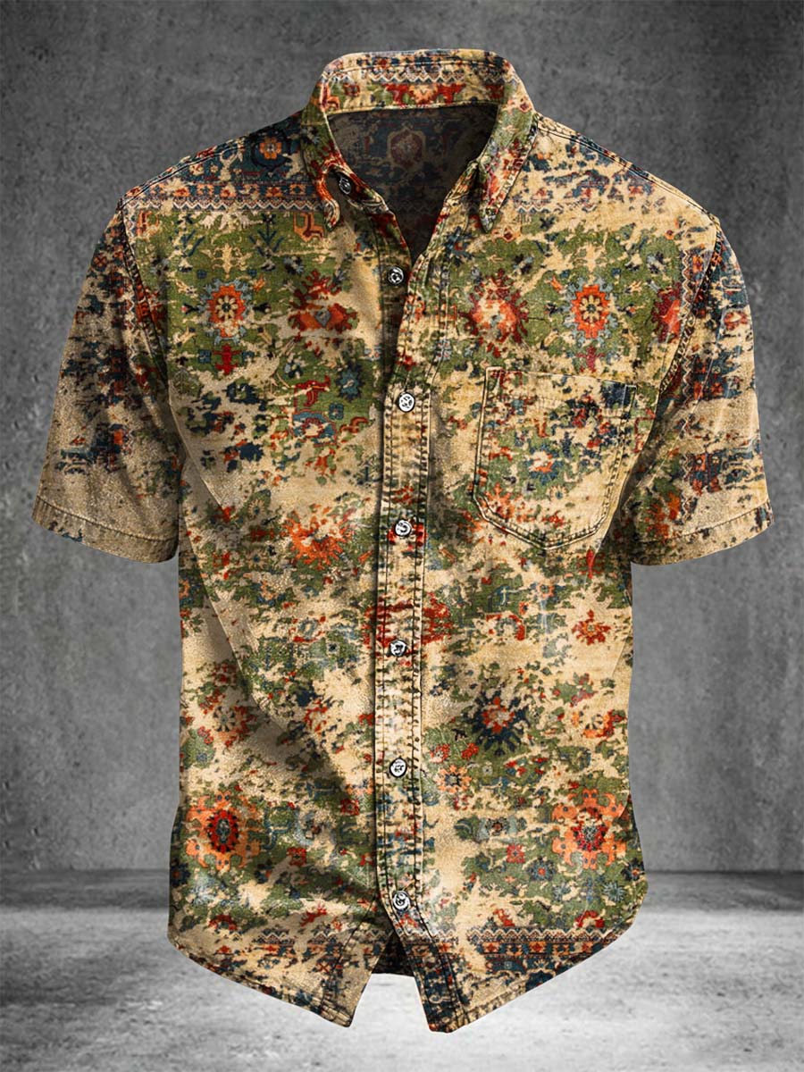 Retro Persian Floral Print Casual Short-Sleeve Shirt