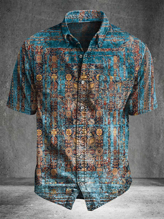 Vintage Distressed Pattern Printed Casual Short-Sleeve Shirt