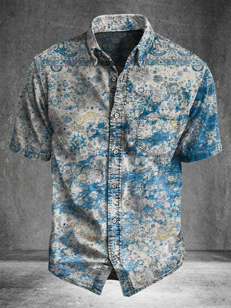 Retro-Patterned Printed Casual Short-Sleeve Shirt