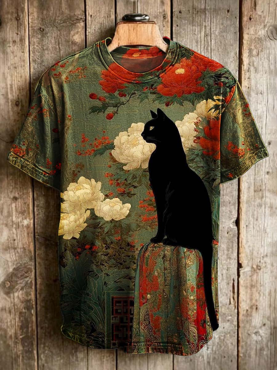 Oriental Black Cat Printed Casual Short-Sleeve T-Shirt