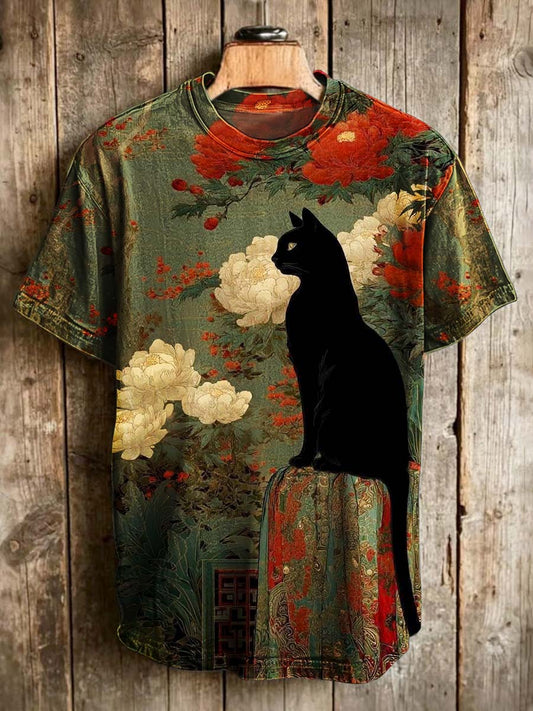 Oriental Black Cat Printed Casual Short-Sleeve T-Shirt