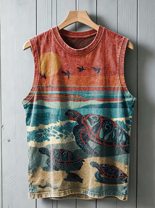 Tribal-Style Sea Turtle Print Casual Tank Top