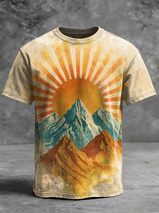 Retro Sunrise Mountain Print Casual Short-Sleeve T-Shirt