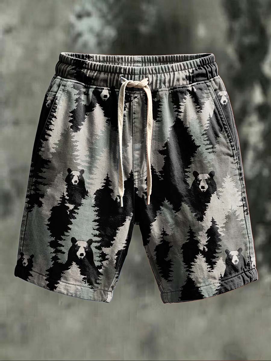 Forest Bear Silhouette Printed Casual Shorts