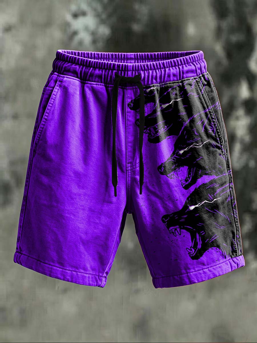 Three-Headed Black Wolf Silhouette Print Casual Shorts