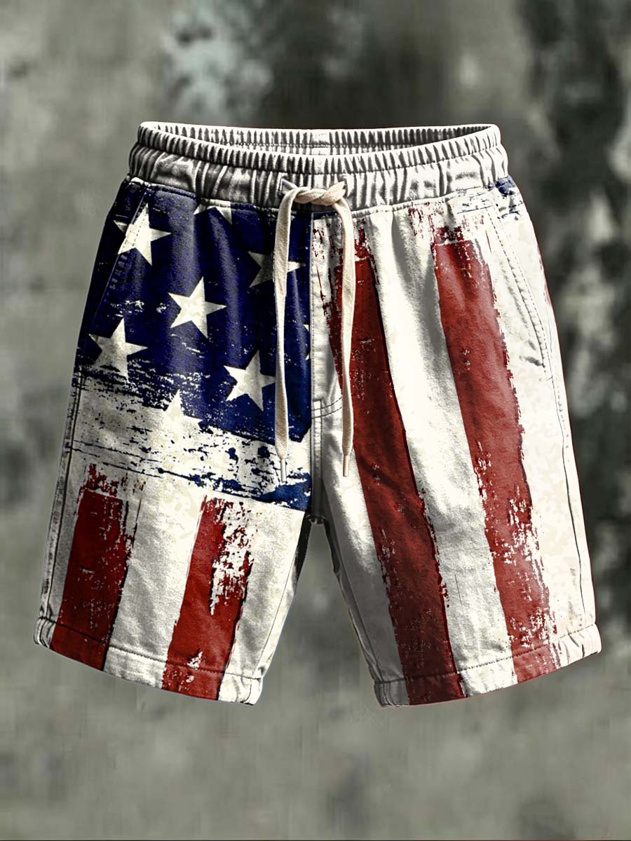 Distressed American Flag Print Casual Shorts