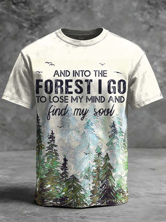 "Walking into the Forest" Watercolor Forest Landscape Printed Casual Short-Sleeve T-Shirt