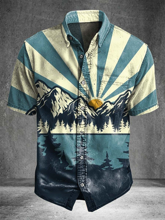 American Mountain Sunrise Print Casual Short-Sleeve Shirt